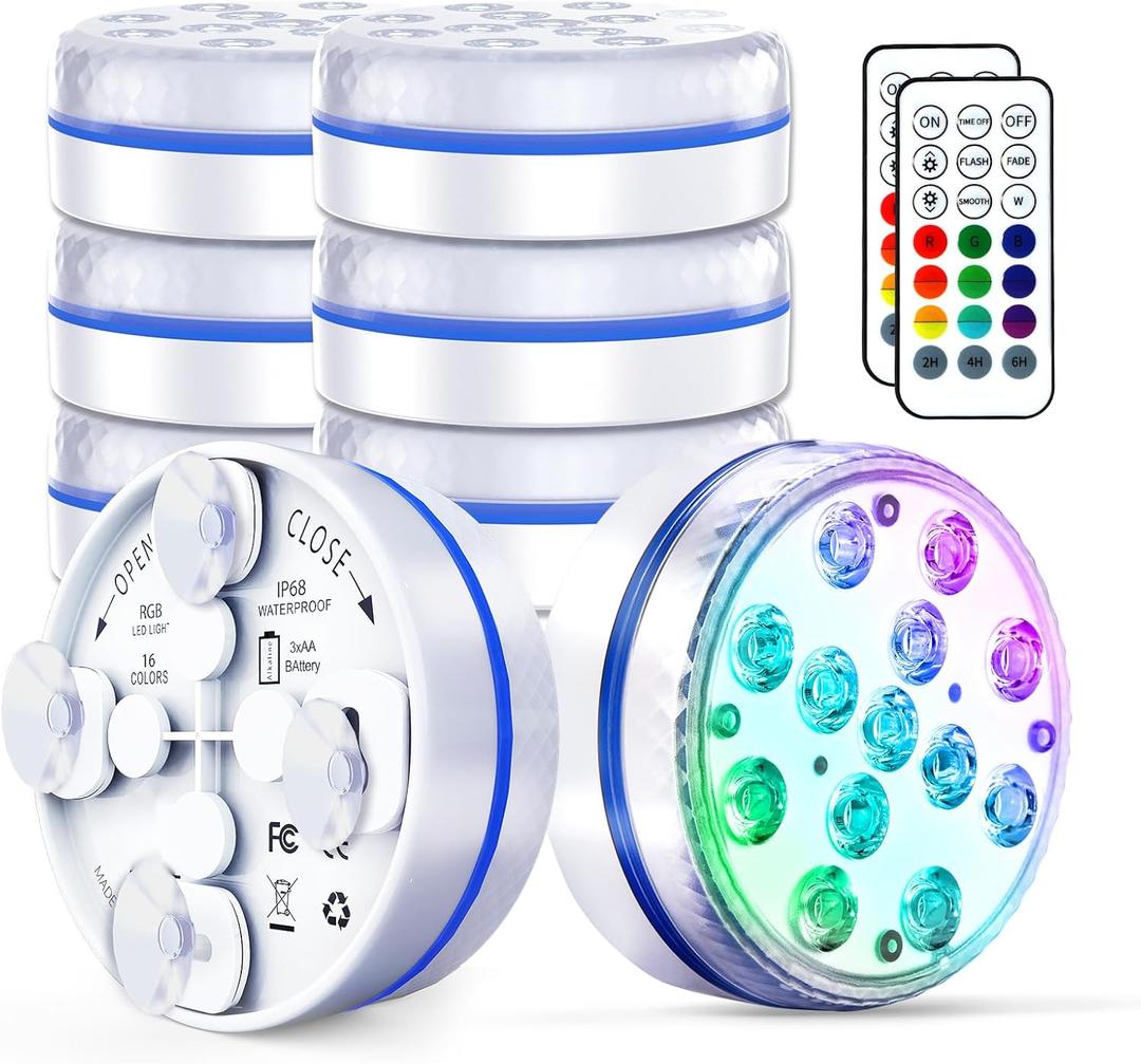 Submersible Led Pool Lights for Above Ground Pools IP68 Waterproof Inground Pond Light Underwater with 4 Magnets, 4 Suction Cups and 16 RGB Dynamic Color, for Father's Day Party Decorations (8pack)