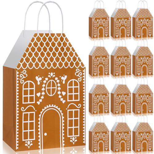 Kolldenn 24 Pcs Christmas Gingerbread House Gift Bags with Handles House Gingerbread Shaped Treat Candy Goodies Paper Bags Bulk Winter Snow Wrapping Paper for Christmas Holiday Party Favor(Classic)
