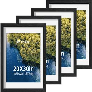 20x30 Picture Frame Set - 4 Pack, Black Wood Photo Frames - Displays Photos 18x24 with Mat or 20 x 30 without - Room, Office, Gallery, Studio, and Hallway Decor - Wall Hanging
