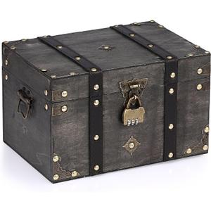 ELLDOO Wooden Treasure Chest with Lock, Vintage Pirate Chest Keepsakes Box for Kids Gifts, Handmade Treasure Storage Decorative Box for Jewelry Coins Collectibles, Large