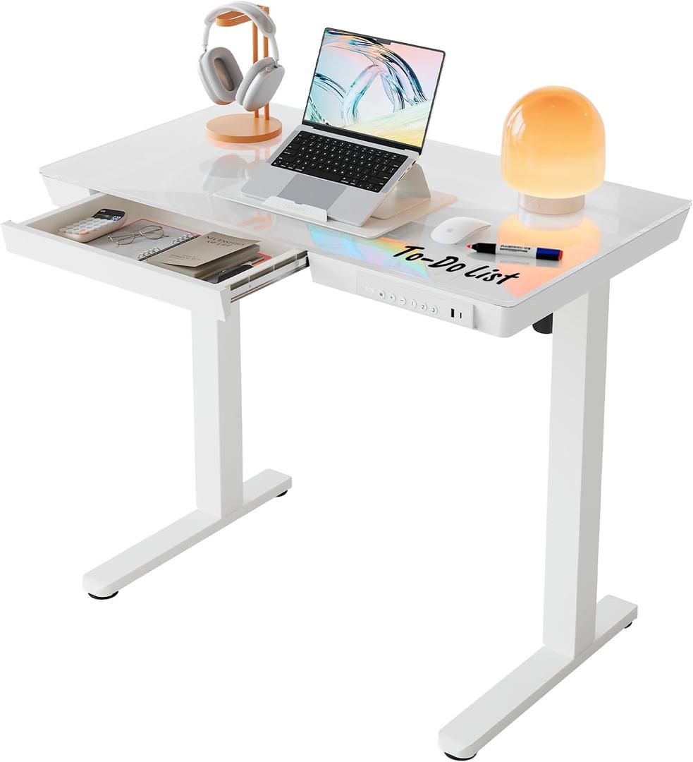 HUANUO Glass Standing Desk with Drawers, 35 x 20 Inch Electric Adjustable Height Desk, Quick Install One-Piece Tabletop with USB Charging Ports, White
