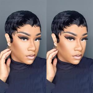 Short Straight Pixie Cut Wigs with Bangs for Black Women Brazilian Virgin Human Hair Short Layered Wigs Non-Gel Full Machine Made Glueless Rose Net Cap with 1B Color