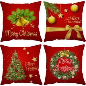 Merry Christmas Pillow Covers 18x18 Set of 4 Velvet Christmas Pillow Cases Red Green Xmas Winter Holiday Throw Pillow Covers Christmas Tree Cushion Covers for Outdoor Home Bed Sofa Couch(18 Inch)