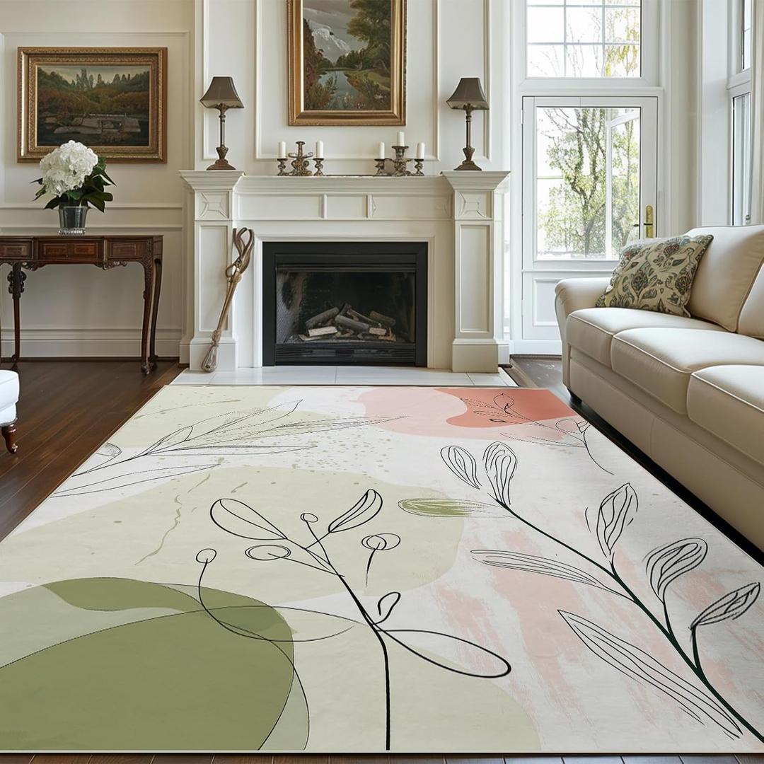 8x10 Area Rug Modern Botanical Rug for Living Room Indoor Machine Washable Abstract Rugs for Bedroom Ultra Soft Dining Room Large Carpet Non-Slip Non-Shedding Minimalist Throw Rug for Home Office