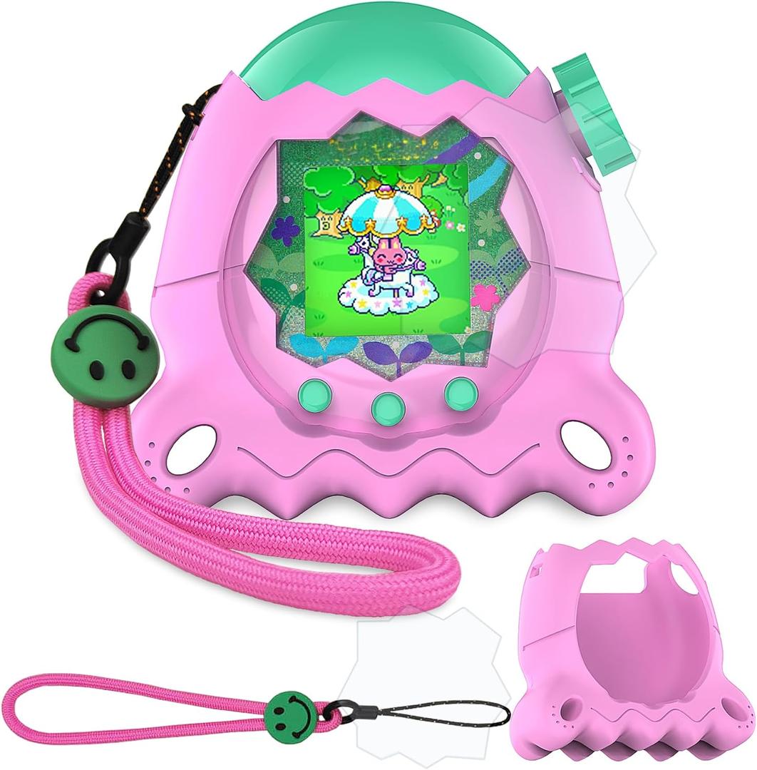 JCHPINE Silicone Cover Case for Tamagotchi Paradise Interactive Virtual Pet, Stand up Case with Screen Protector and Lanyard (Pink)