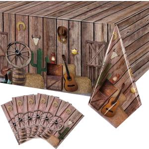 Tiamon 6 Pcs Western Party Tablecloth Western Cowboy Table Cover Cowboy Theme Plastic Tablecloth Wild West Wooden House Barn Door Table Cover for Baby Shower Birthday Party