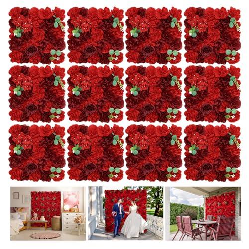 RIDDSEE Flower Wall Backdrop 12 Piece of 16.5x16.5 Inch Artificial Floral Wall Panel Silk Rose Wall Decor Ideal for Wedding Celebrations, Festive Party Backdrops, and Home Decor-Red