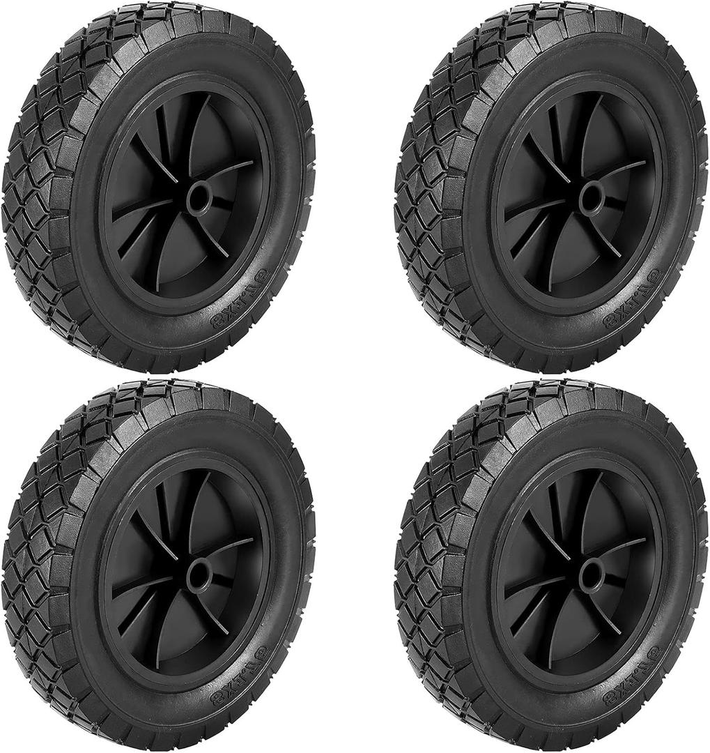 4 Pack 8 Inch Rubber Replacement Tire, Semi-Pneumatic Tire Plastic Wheel with 1/2-Inch Bore Offset Axle for Hand Trucks, Lawnmowers, Utility Carts, Black