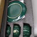 Loymokinar 16-Piece Microwave Safe Dinnerware Set, Green and Gold Marble Plates and Bowls Set for 4, Stackable Porcelain Dish Set