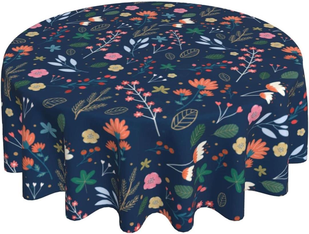 Spring Summer Floral Tablecloth Round 70 Inch Farmhouse Navy Blue Background Wildflower Round Tablecloth Polyester Washable Table Cover Table Cloth for Kitchen Dining Room Picnic Patio Party