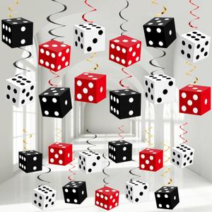 72PCS Casino Dice Hanging Swirls Decoration Casino Night Party Ceiling Streamer Banner Red Black White Dice Paper Cutout Las Vegas Party Vegas-Theme Event Birthday Party Favor Decor Supplies