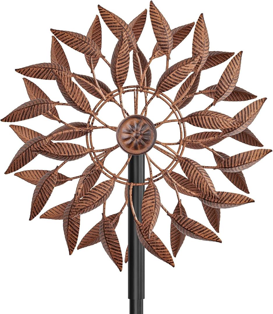 Wind Spinners Outdoor for Yard Garden, 360 Metal Windmills Art Decor with Stake, Kinetic Wind Sculpture for Lawn Patio Outside Ornaments, 63.5 x 12.5 Inches (Rust Color)