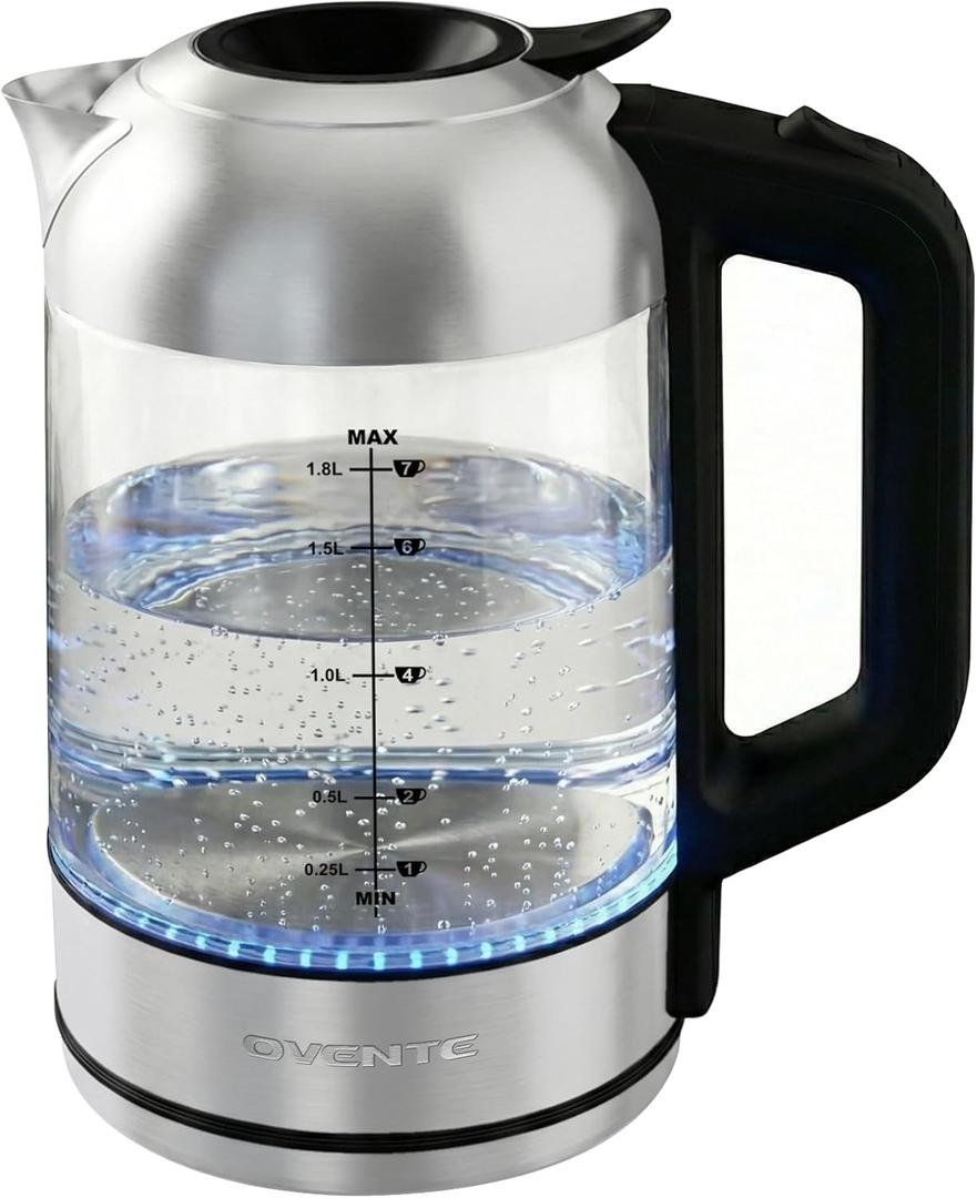 OVENTE Electric Kettle, 1500W No Plastic 1.8L Tea Kettle and Hot Water Boiler For Coffee or Tea, Easy to Fill Lid, Automatic Shut-Off, Borosilicate Glass with Stainless Steel Spout, Silver KG71S