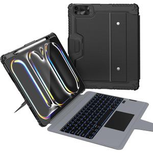 Nillkin iPad Pro 13 inch (M5, 2025/M4,2024) Case with Detachable Keyboard, Magic Trackpad, 7 Colors Backlit, Rugged Keyboard Case with Camera Cover for iPad Pro 13, Portrait/Landscape Modes, Black