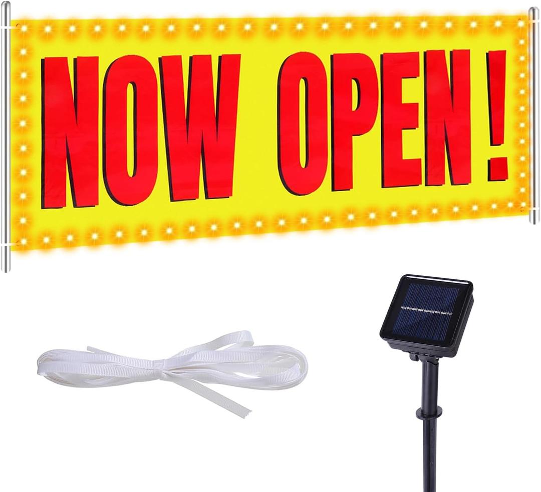 Solar Large Now Open Banner, 3x8 ft Polyester Open Sign with Warm White Led Lights, Single-Sided Outdoor Indoor Signs with Rope Metal Grommets for Business Hanging