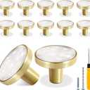 12 Pack Gold Knobs for Dresser Drawers, Brass Dresser Knobs Round Cabinet Knobs for Kitchen Cabinet Cupboard Door Decorative Furniture Hardware, 1-1/4" Diameter, White