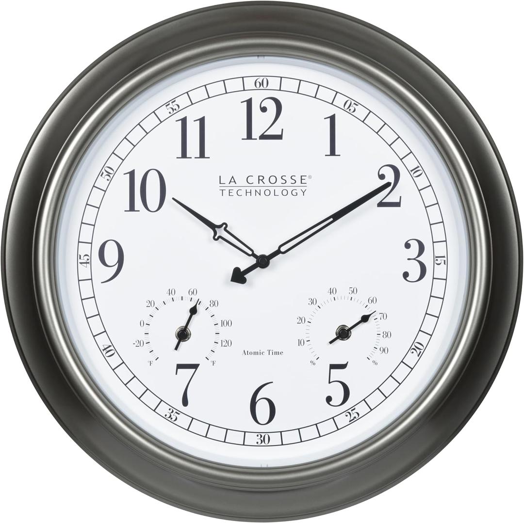 La Crosse Technology 404-00237-INT 18" Atomic Outdoor Clock with Thermometer & Hygrometer (Silver)