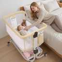 Baby Bassinet Bedside Sleeper, 3 in 1 Baby Bassinet for Newborns Co-Sleeper Bassinet with Wheels, Breathable Mesh, 6-Level Height Adjustment, Easy Folding Portable Bassinet for Home or Travel, Beige, Crib