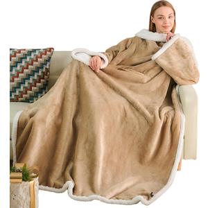 Ramees Sherpa Wearable Blanket with Sleeves and Pockets, Soft Warm TV Blanket Throw for Men and Women (Camel)