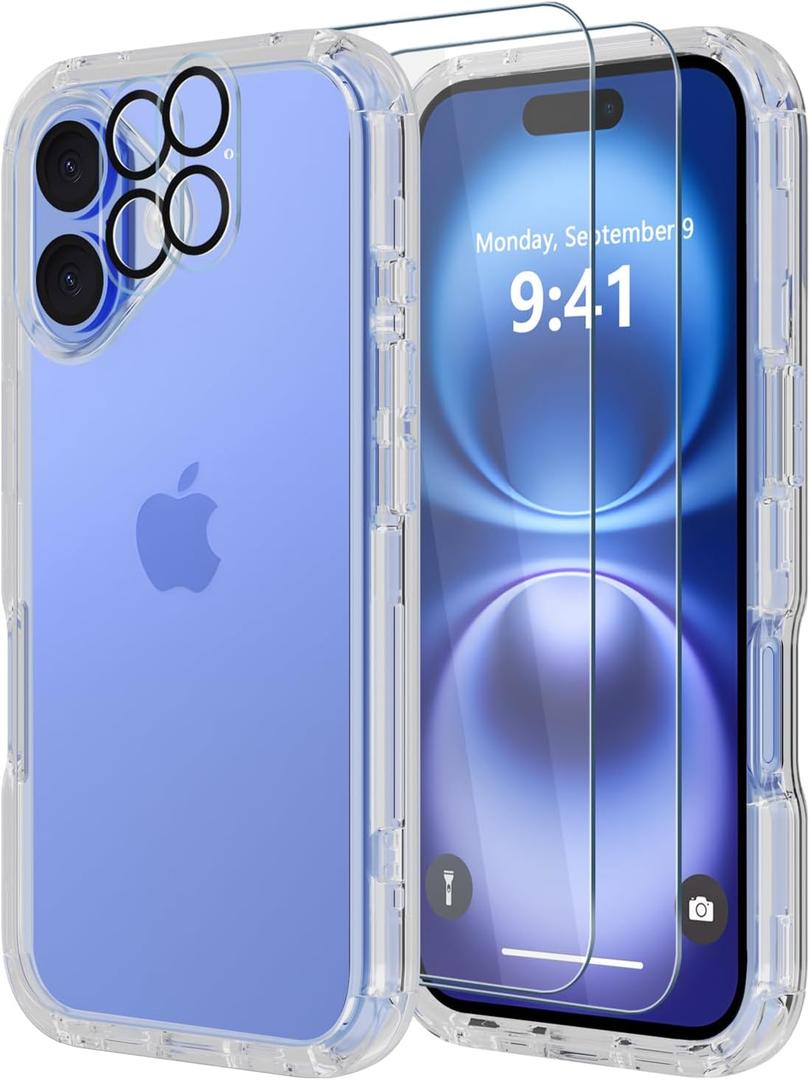 Diverbox for iPhone 16 Case [Shockproof] [Dropproof] [Tempered Glass Screen Protector + Camera Protectors] Heavy Duty Protection Phone Case Cover for Apple iPhone 16 (Clear)
