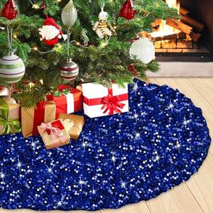 WUPIOS Blue Xmas Tree Skirt Glitter Sequin Christmas Tree Skirt 36 Inches Sequin Embroidered Velvet Christmas Skirt Tree Royal Blue Tree Skirts Sparkle Skirt for Artificial Xmas Tree Decorations