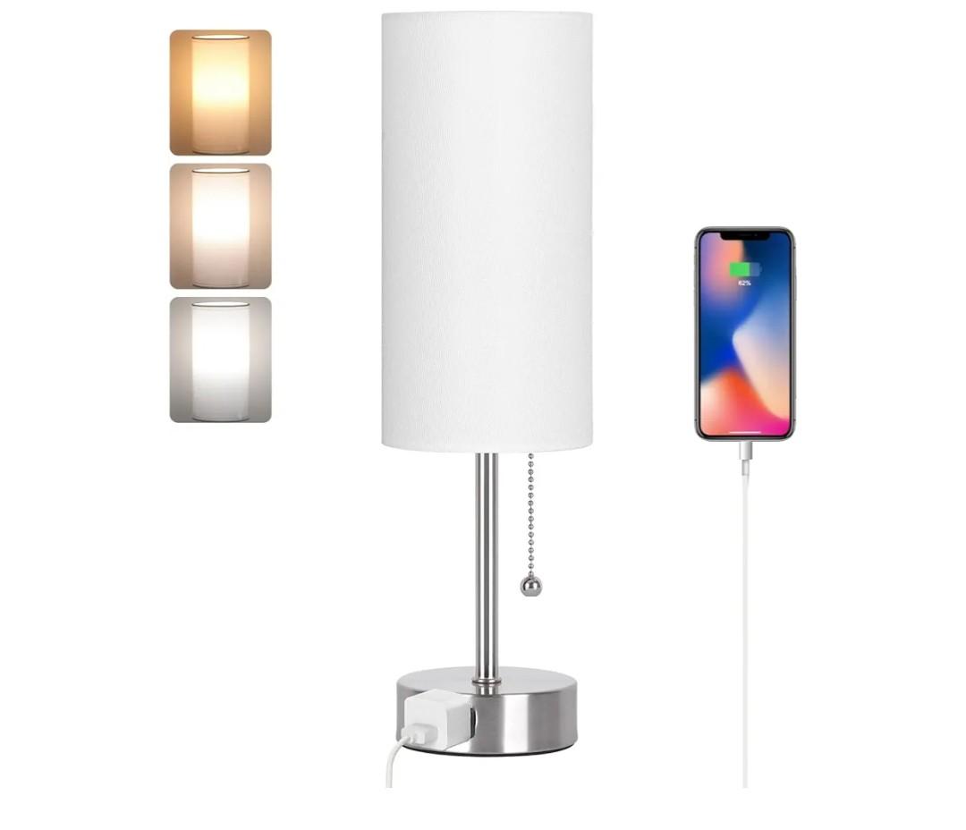 Dott Arts Table Lamp for Bedroom, 3-Color Bedside Lamps with Pull Chain, Bedroom Table Lamps for Nightstand,AC Outlet Small Lamp for Living Room, Bulb Included Nickel