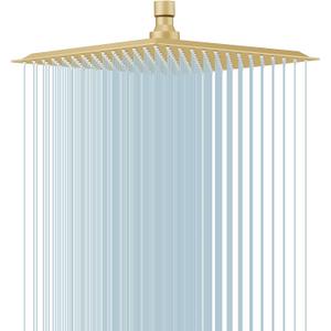 BESy 10 Inch Rain Shower Head, 10" Square Rainfall & High Pressure Stainless Steel Bath Showerhead, 1/16" Ultra Thin, Waterfall Full Body Coverage with Silicone Nozzle, Brushed Gold