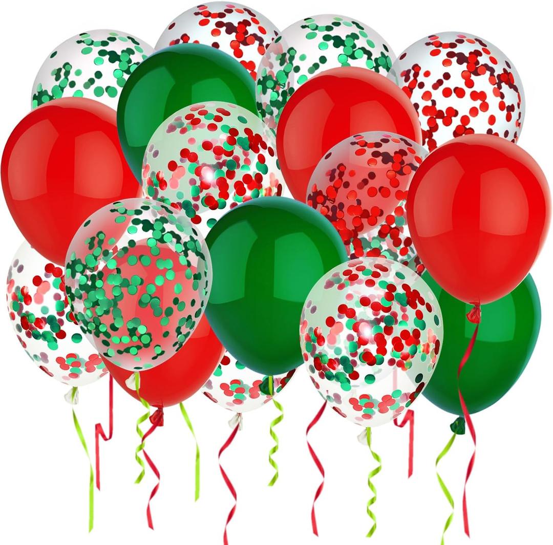50 Pcs 12 Inch Red and Green Confetti Balloons Christmas Balloons with Ribbons Christmas Party Decorations for Xmas Color Themed Party New Year Baby Shower Birthday Party Supplies