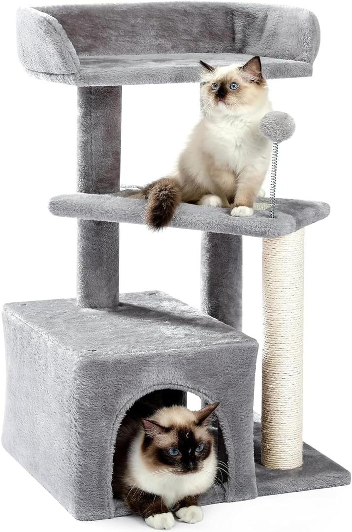 Made4Pets Cat Tree, Carpet Cat Tower Grey for Indoors Cats, Cute Wood Kitty Condo with Scratching Post and Pad, 29" Multi-Level Modern Activity Climbing Furniture for Small and Medium Cats