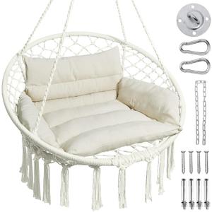 Greenstell Hammock Chair, Macrame Swing Chair with Comfy Cushion, Boho Hanging Chair for Outdoor & Indoor, Perfect for Bedroom, Patio, Balcony, Hold up to 350Lbs, White
