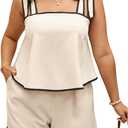 OYOANGLE Women's Plus Size 2 Piece Set Tie Shoulder Tank Top and Shorts Lounge Sets Summer Outfits (Beige, XXXL)