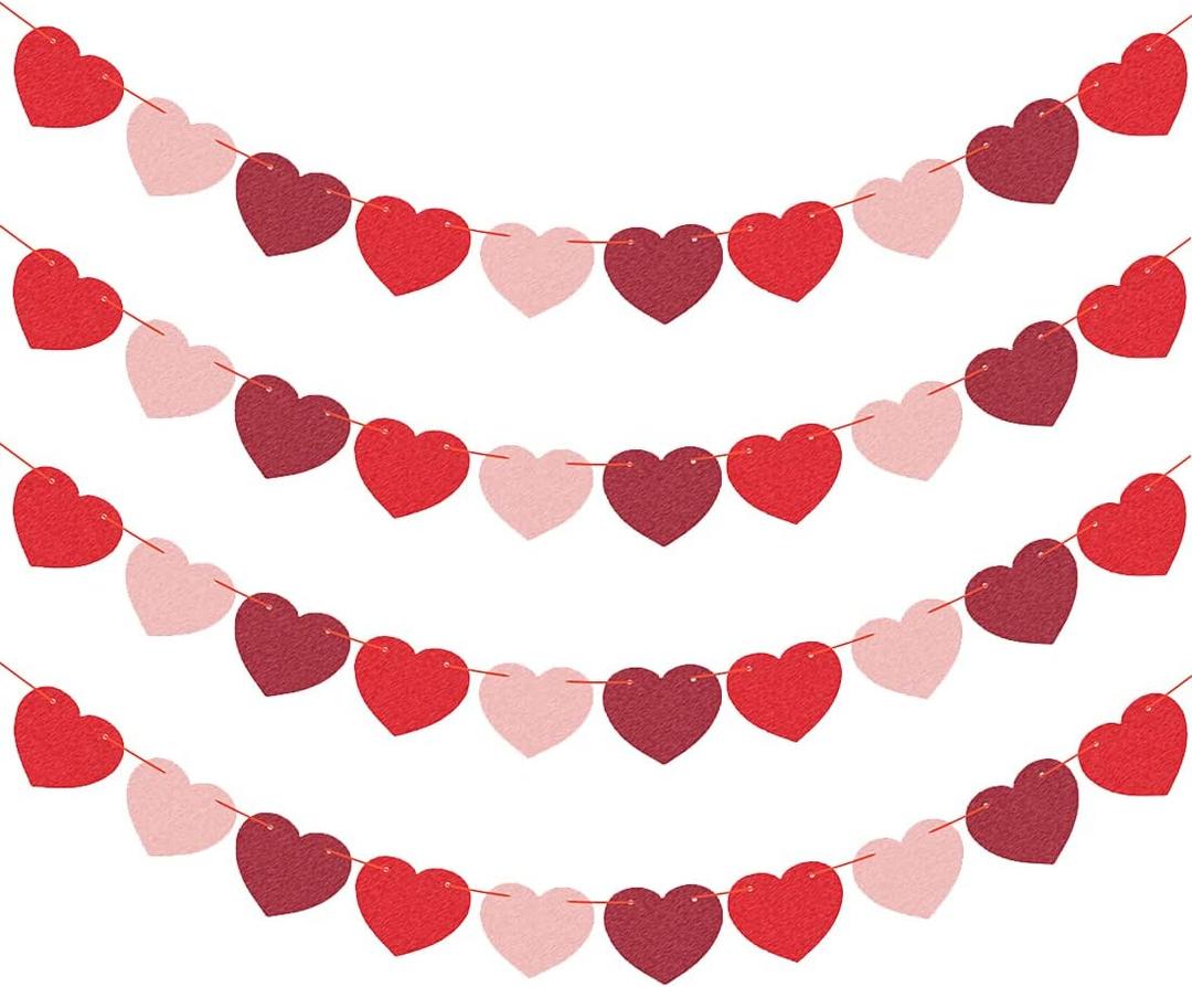 JOZON 4 Pack Felt Heart Valentines Day Garland Banner Valentines Day Heart Decorations for Anniversary Wedding Engagement Party Home Office Wall Decorations Supplies (Red, Pink and Dark Red Color)