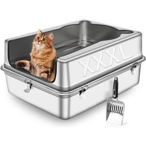 Extra Large Stainless Steel Cat Litter Box, 27.5" L x 19.7" W x 14" H XXXL Semi Enclosed Removable Metal Litter Tray with High Sided Enclosure, Scoop, Anti-Leakage, Non-Sticky, Easy Cleaning
