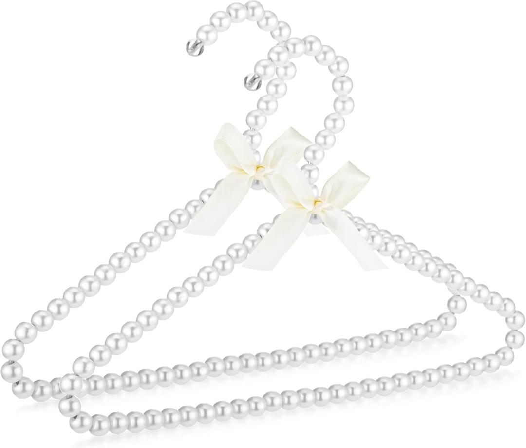 Threan Pearl Beaded Clothes Hanger Mini Pearl Beads Small Metal Clothes Hangers with Ribbon Standard for Kids Baby Children Pet Dog(White, 2 Pcs)