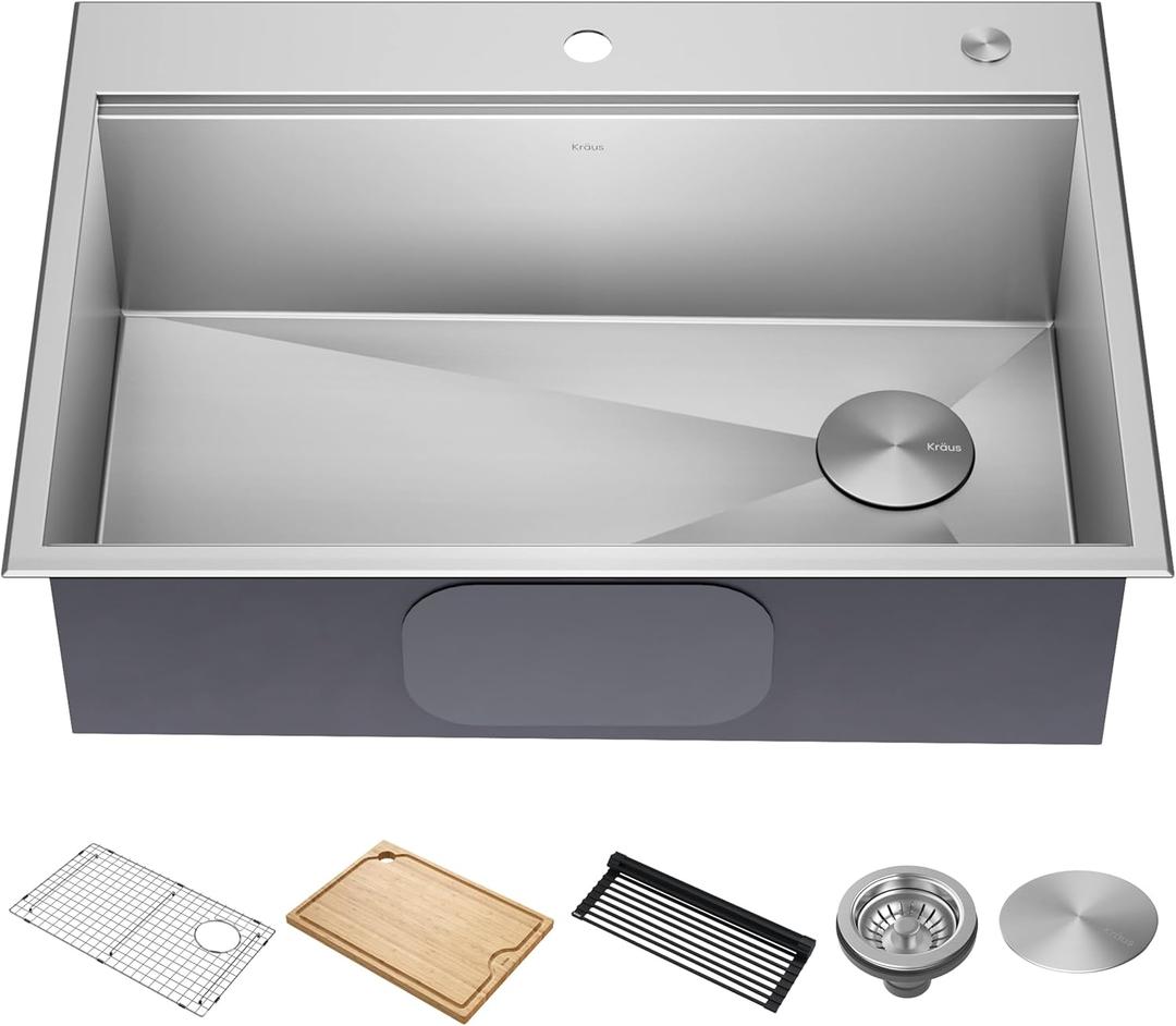 KRAUS Kore 30-Inch Drop In/Top Mount Workstation 16 Gauge Single Bowl Stainless Steel Kitchen Sink with Accessories, KWT310-30