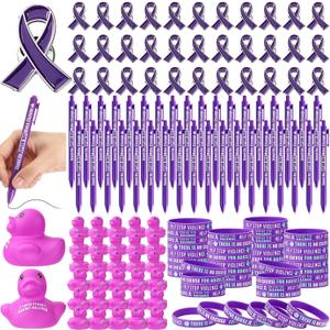 245 pcs Domestic Violence Awareness Accessories Gifts Bulk Purple Ribbon Pins, Bracelets, Pens, Ducks, for Cancer Awareness Month in October Against Violence Event Supplies