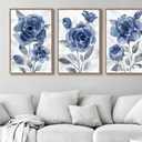 Large Framed Canvas Wall Art - Natural Float Framed Modern Indigo Flowers Pictures Decor Dark Blue Floral Grey Leaves Artwork for Bedroom Living Room Kitchen Home Office Decoration 72" X 36" Set of 3, 24" X 36" X 3pieces Framed