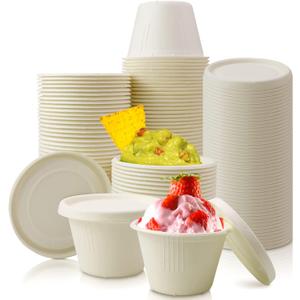 Vmiapxo 100 Pack 4oz Disposable Paper Cups with Lids, Small Ice Cream Cups, 4 Ounce Natural Bagasse Fiber Recycleable Paper Bowls for Portion Condiments, Sauce, Souffle (100, White)