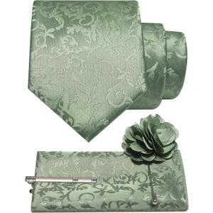 JEMYGINS Mens Floral Tie and Lapel Pin Necktie Pocket Square and Tie Clip with Sets for Business Casual 4PCS (Green)