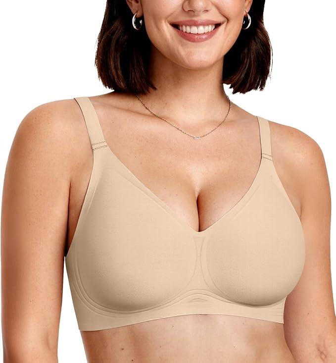 OEAK Women Comfortable Jelly Bras No Underwire Seamless Full Coverage Bralette Buttery Soft Convertible Everyday Tshirt Bra, Semolina, Large