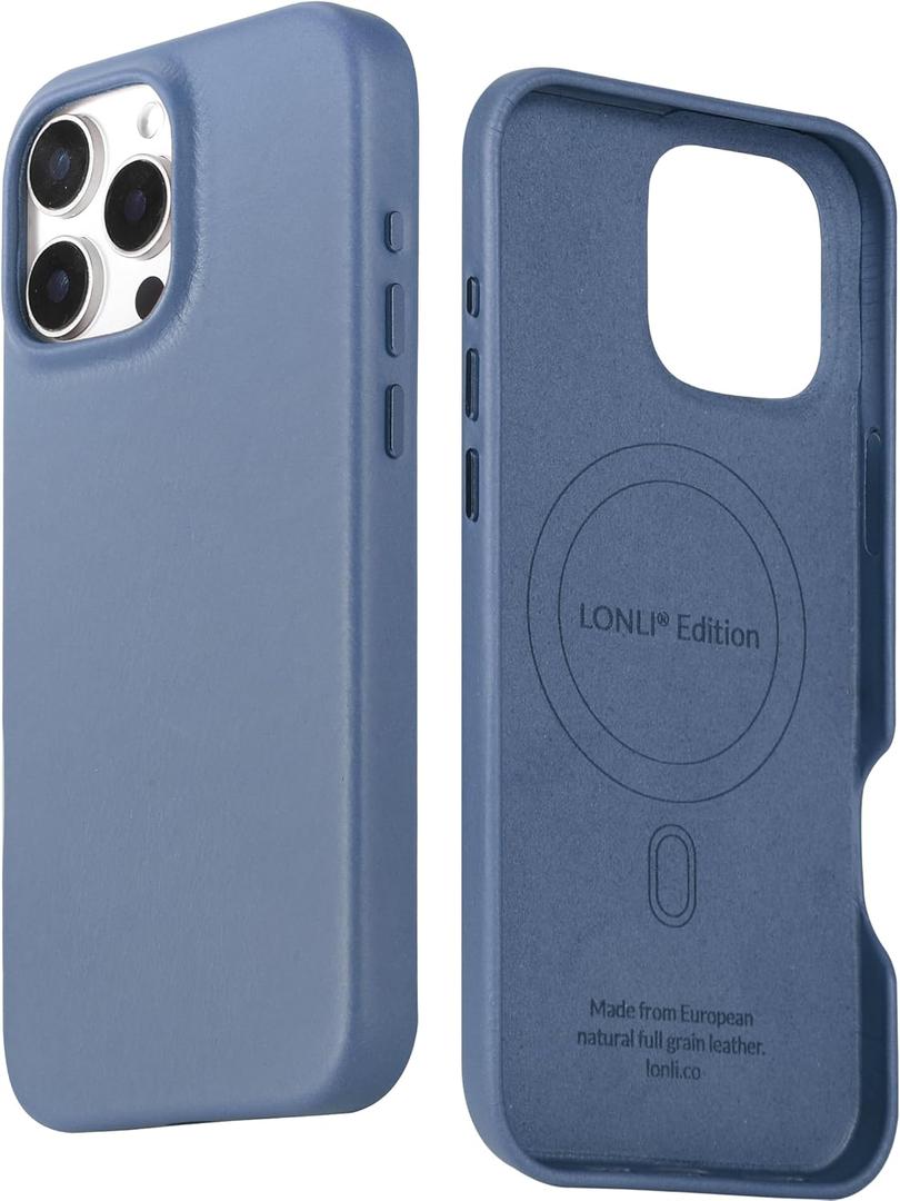 LONLI Edition | Italian Leather - for iPhone 16 Pro Max - Premium Italian Full Grain Leather Phone Case - Develop Unique Patina - Azure Blue