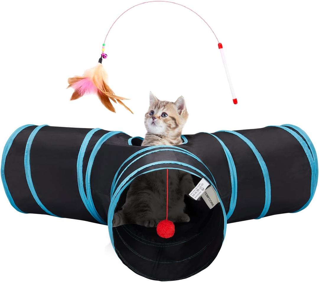 Tempcore Pet Cat Tunnel Tube Cat Toys 3 Way Collapsible, Tunnels for Indoor CatsKitty Bored Peek Hole Toy Ball Cat, Puppy, Kitty, Kitten, Rabbit, Small, Black & Blue