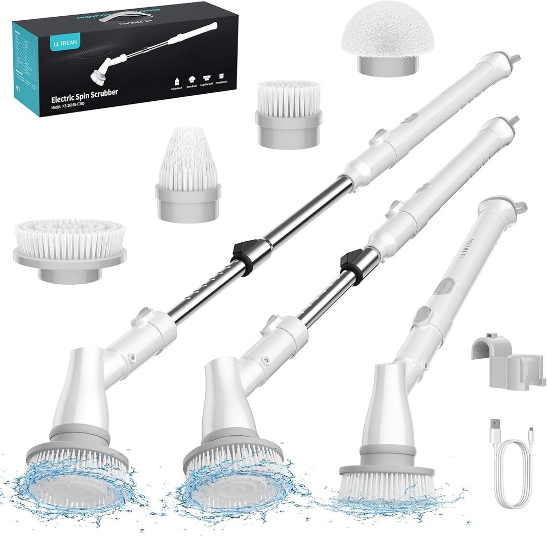 Ultrean Spin Brush, Cordless Electric Spin Scrubber with 4 Replaceable Brush Heads Adjustable Extension Handle, 2 Speed Shower Scrubber for Cleaning Bathroom, Tile, Floor, Tub (White)