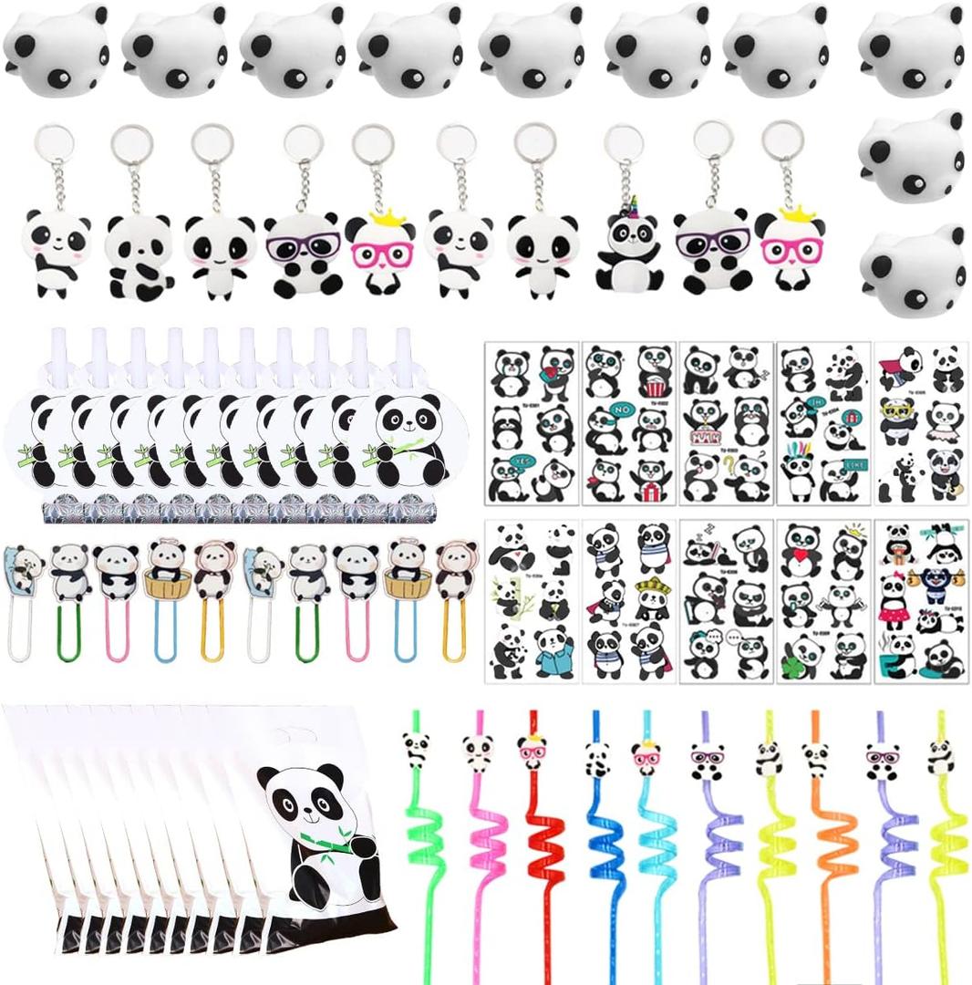 JOYMEMO Panda Party Favors, Panda Gift Goodie Bags Stickers with Keychains Straws Squishy Toys Clips and Blowers, Panda Theme Birthday Party Supplies Rewards Prize