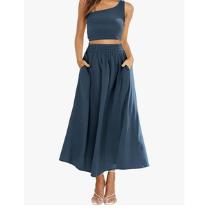 ANRABESS Women's 2 Pieces Outfits One Shoulder Smocked Crop Top & High Waist Long Skirt Dress Set with Pockets,M