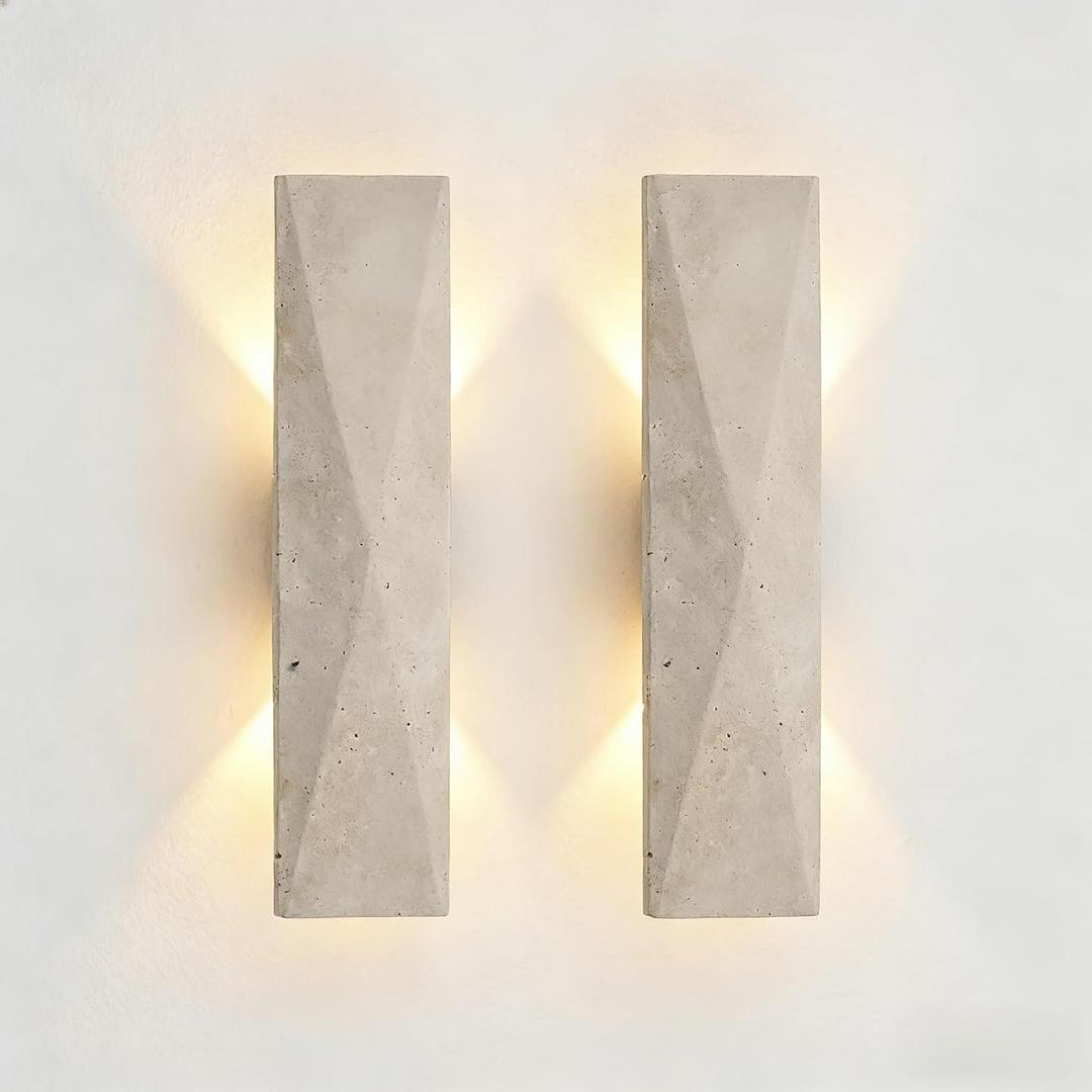 2-Pack 12.6in Japanese Style LED Wall Sconce, Natural Yellow Travertine Cave Stone Outdoor Wall Light -Waterproof 18W 3000K Warm White, Global Voltage 110V-240V for Porch Living Room Bedroom