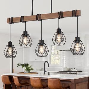 5-Light Kitchen Island Lighting, Farmhouse Chandelier for Dining Room Rustic Wood Ceiling Pendant Light Fixture with Metal Shade, Height Adjustable