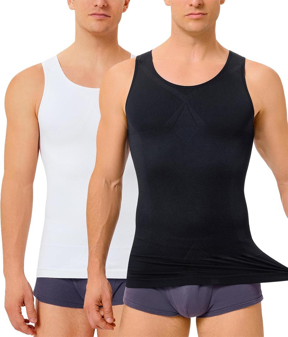 TAILONG 2 Pack Compression Shirt Men Body Shaper Slimming Shirt Tank Top Shapewear Tummy Control Vest (X-Large-XX-Large)
