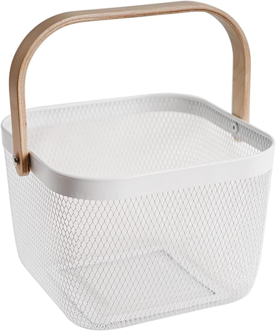 Metal Mesh Steel Harvest Basket, Square Wire Garden Basket with Handle Multi-Functional Storage Organizer for Gathering Vegetables, Fruits, Kitchen, Garden, Picnic & Cabinet (White)