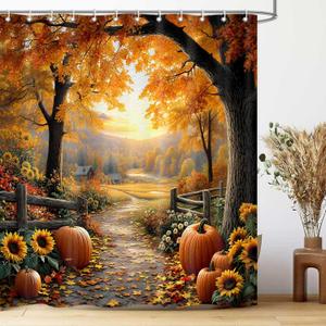 Fall Shower Curtains for Bathroom, Pathway in The Woods Autumn Tree Pumpkin Harvest Thanksgiving Shower Curtain, Cloth Fabric Bath Decor Set with Hooks, 71 x 71 Inch (Gold)